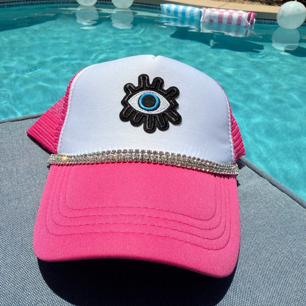 Pink and White Trucker Hat with Eye Design